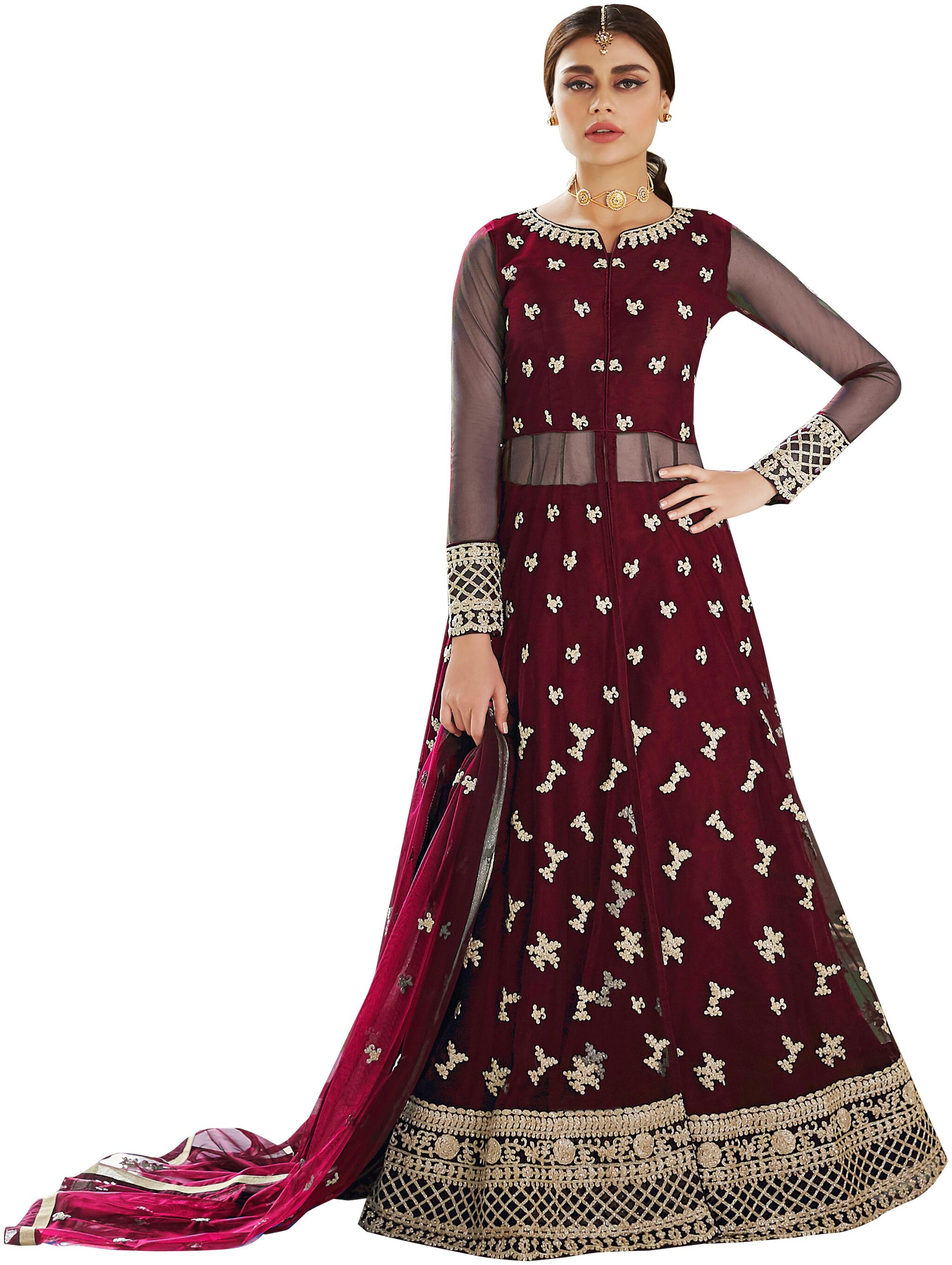 

Mordenfab Com Womens Red Net Embroidered Semi Stitched Anarkali Salwar Kameez