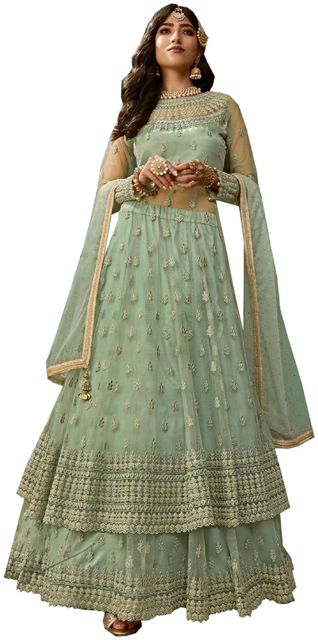 

Mordenfab Com Women Green Net Embroidered Work Anarkali Kurta With Bottom Dupatta