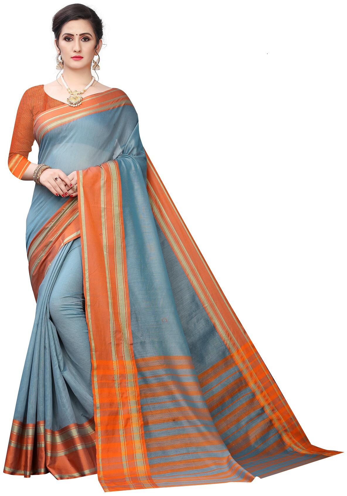 

Mordenfab Com Jacquard Solid Blue Color Banarasi Saree with Blouse Piece