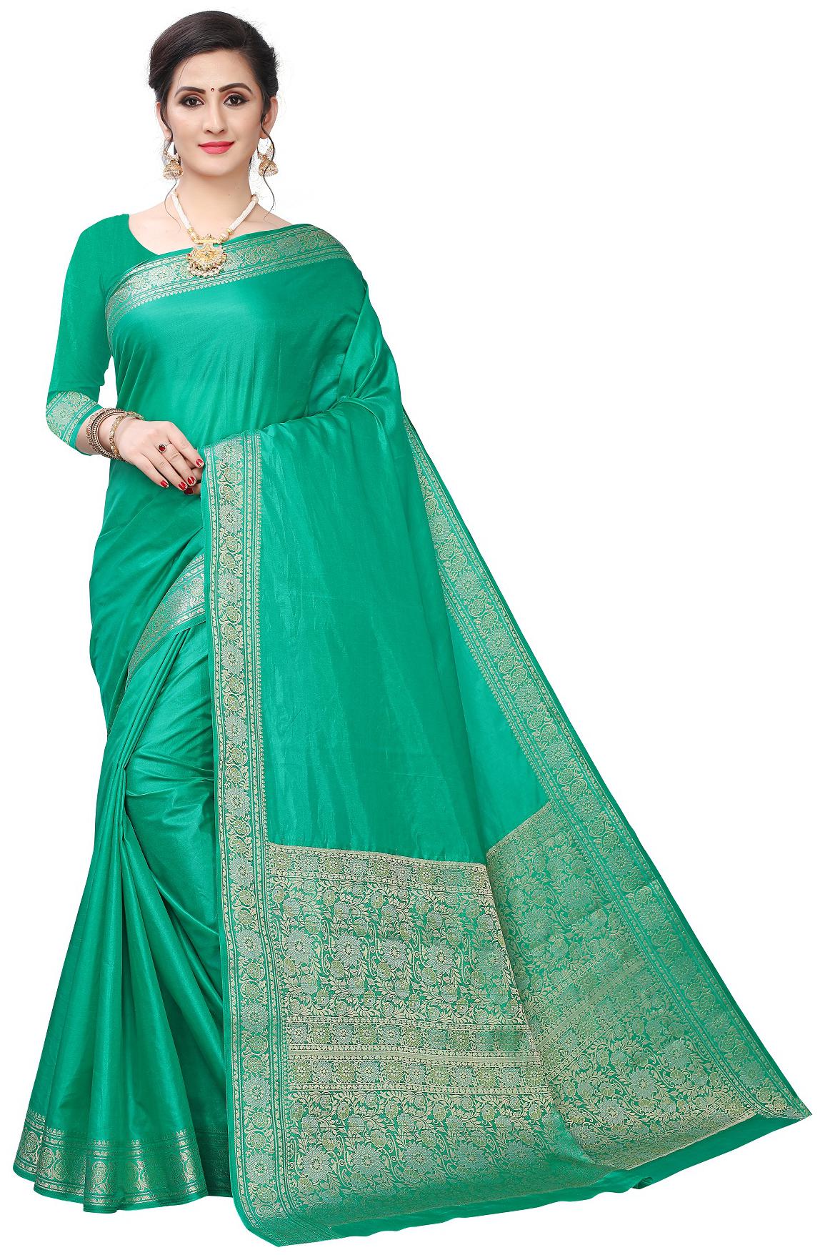 

Mordenfab Com Jacquard Solid Green Color Banarasi Saree with Blouse Piece