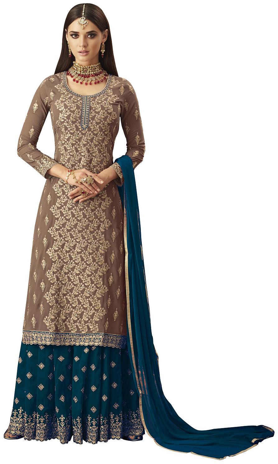 

Mordenfab Com Poly Georgette Brown Turquoise Kurta with Bottom Dupatta For Women