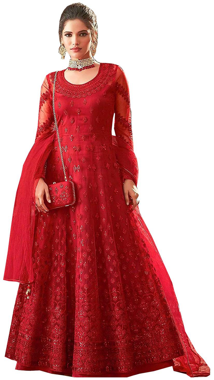 

Mordenfab Com Women Red Net Embroidered Work Anarkali Kurta With Bottom Dupatta