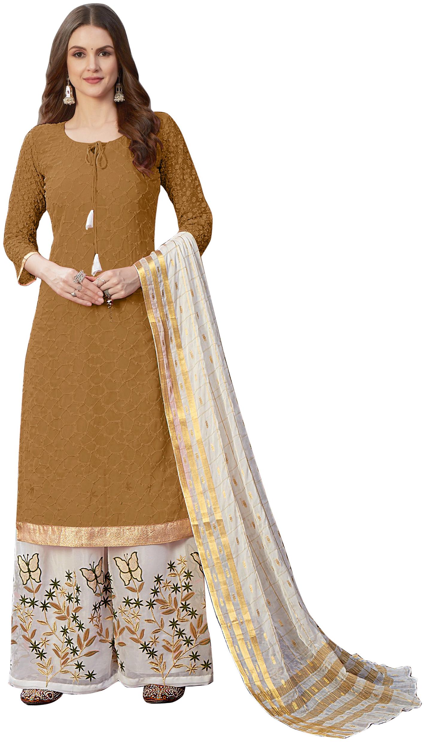 

Mordenfab Women s Brown Georgette Semi Stitched Kurta with Bottom Dupatta