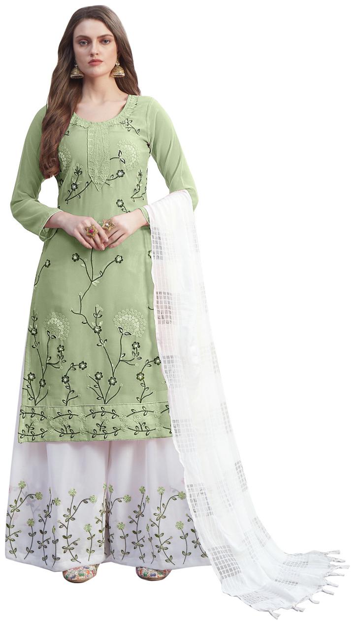 

Mordenfab Women s Green Georgette Semi Stitched Kurta with Bottom Dupatta