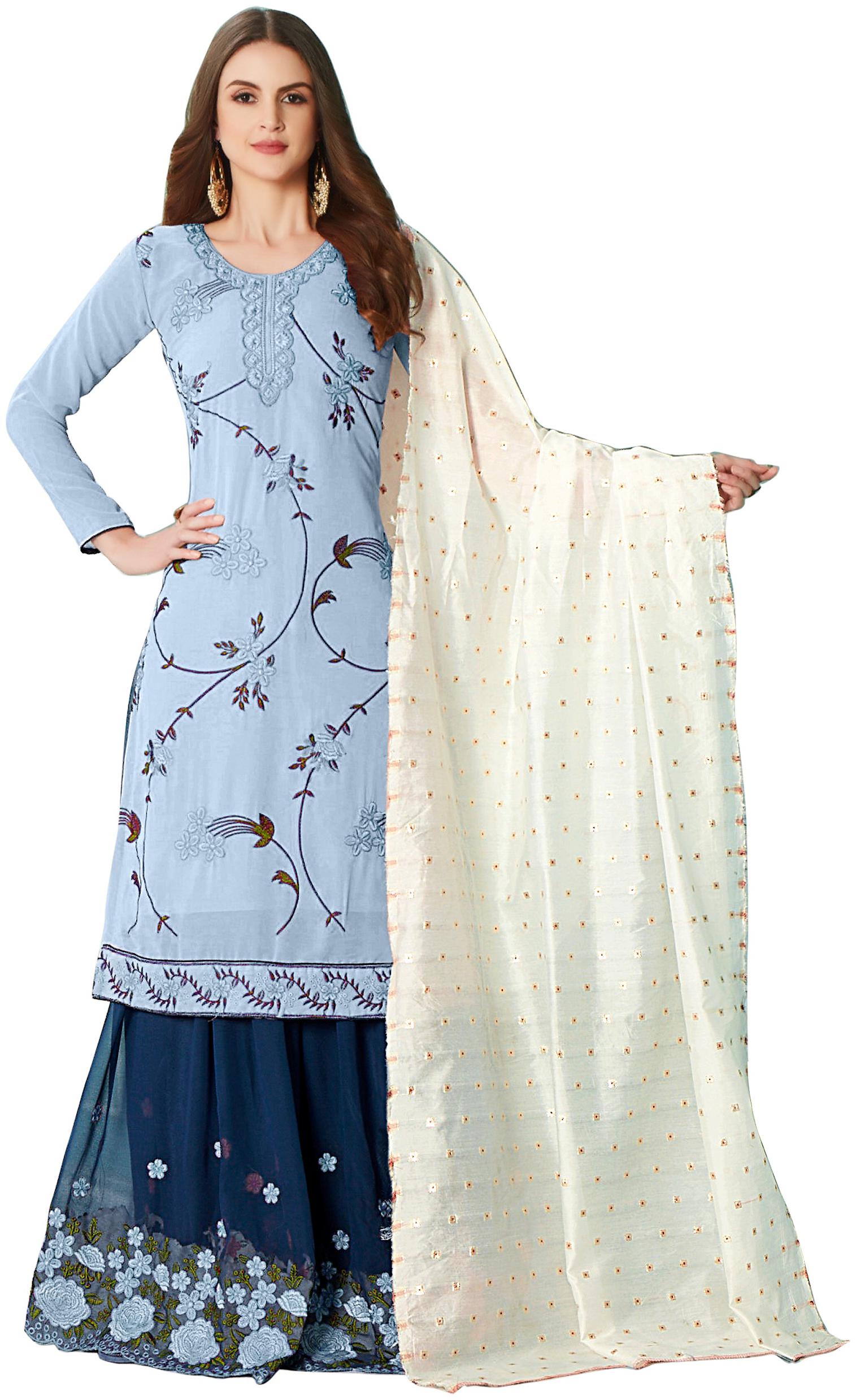 

Mordenfab Women s Blue Georgette Semi Stitched Kurta with Bottom Dupatta