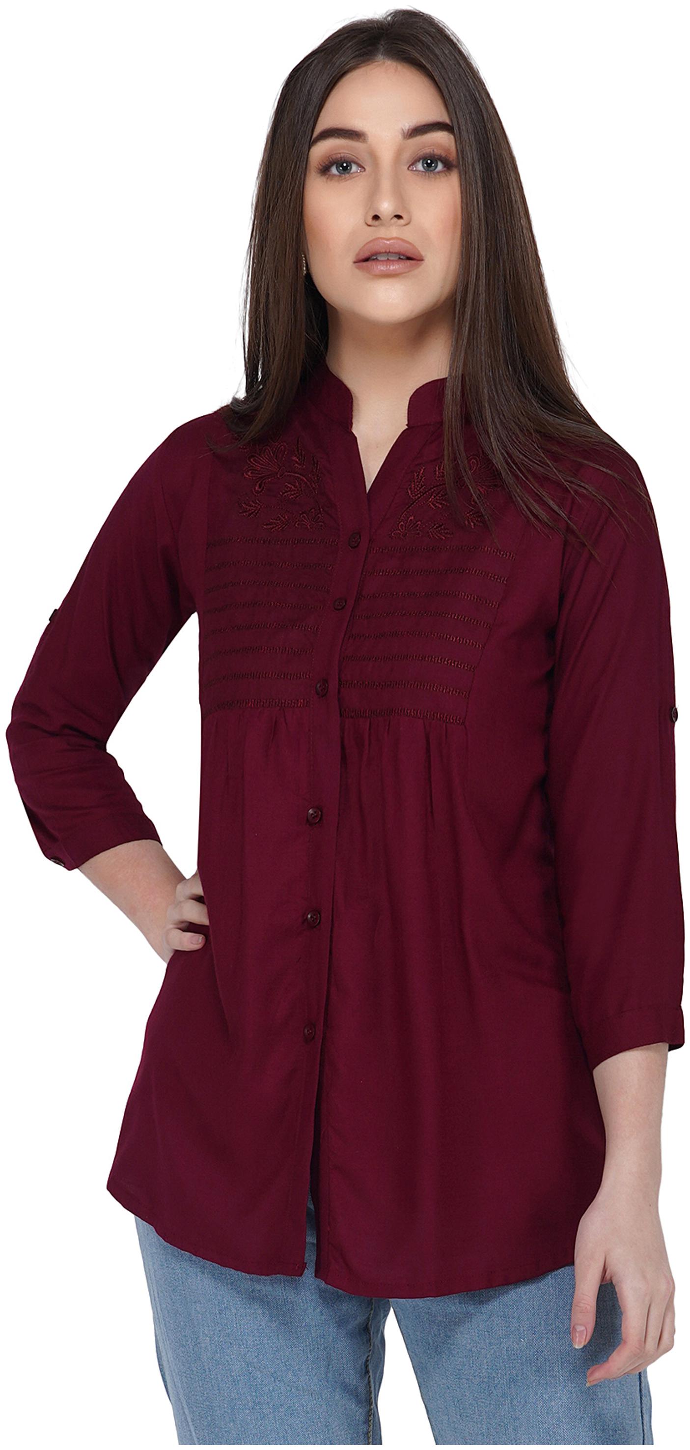 

MORLAIX Women Embroidered Regular top - Maroon