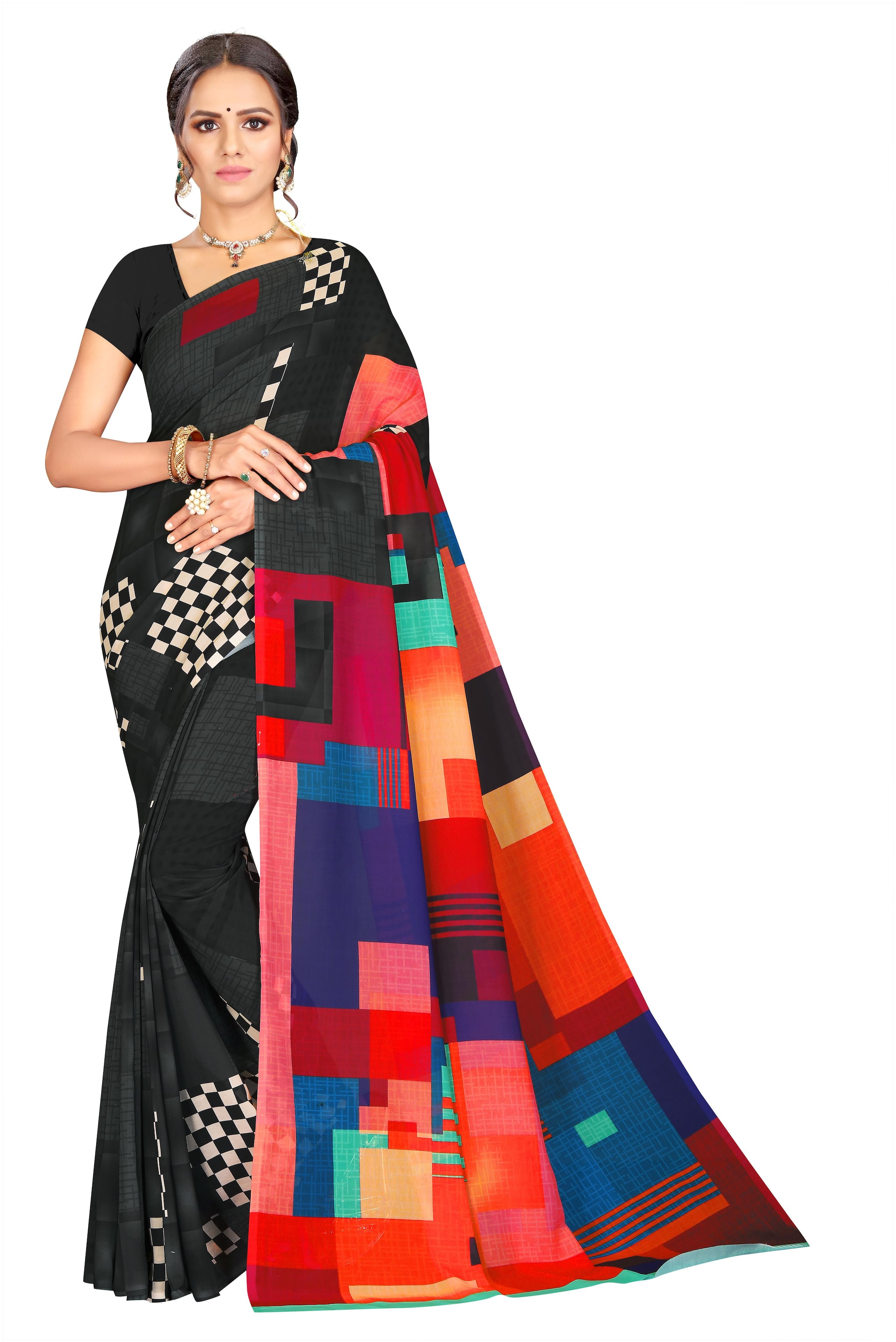 

Moti Textile Women Georgette Black Regular Saree With Blouse