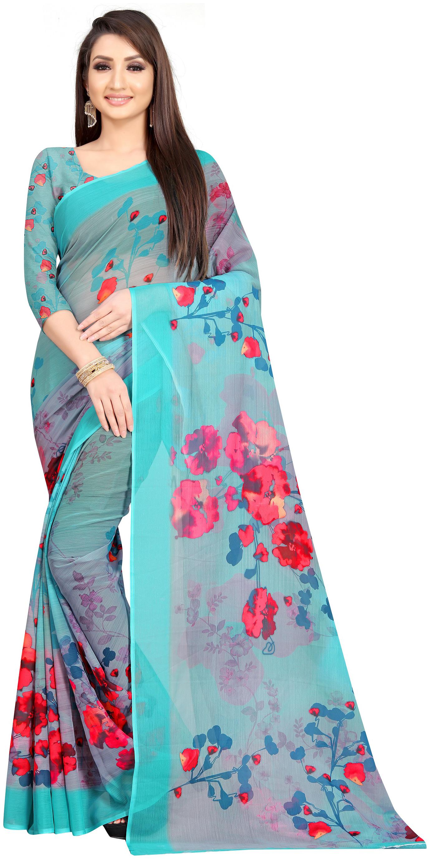 

Moti Textile Women Chiffon Blue Regular Saree With Blouse