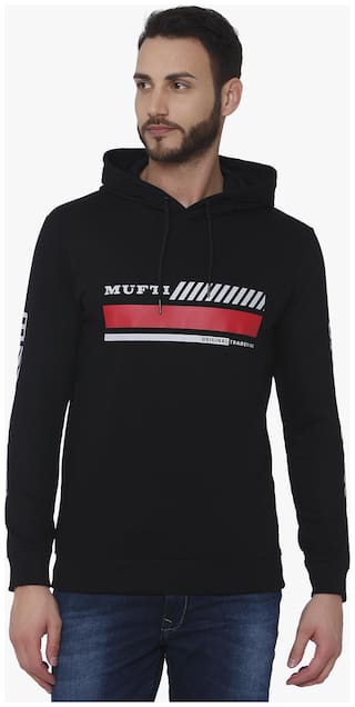 Mufti Men Black Hooded Hoodie