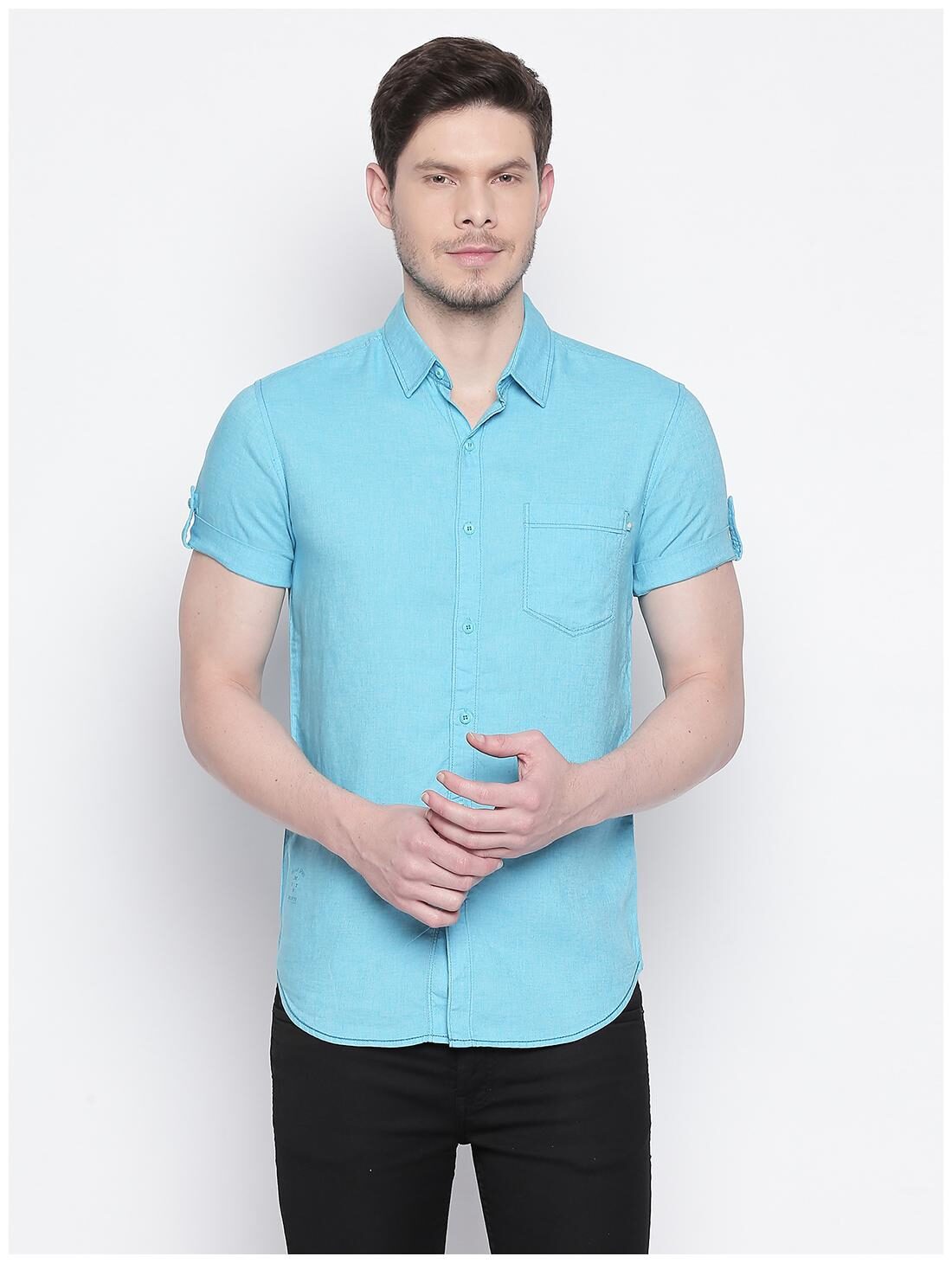 

Mufti Blended Solid Turquoise Color Casual Shirt For Men