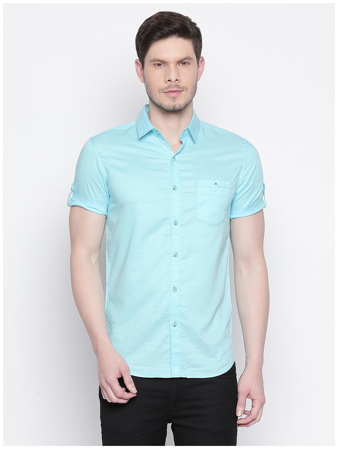 

Mufti Blended Solid Turquoise Color Casual Shirt For Men