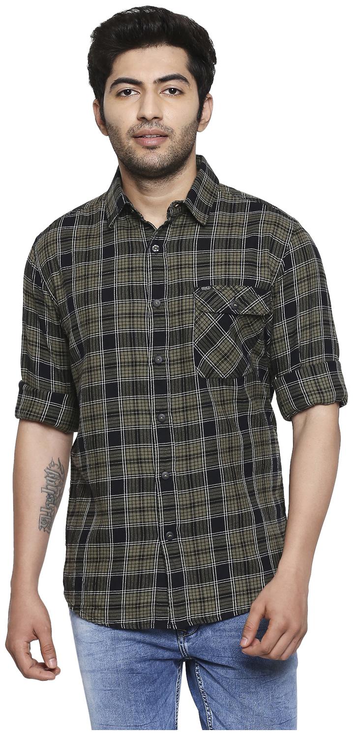 

Mufti Cotton Checked Olive Color Casual Shirt For Men