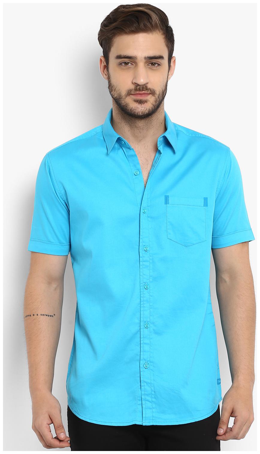 

Mufti Cotton Blend Turquoise Spread Collar Solid Half Sleeves Shirt