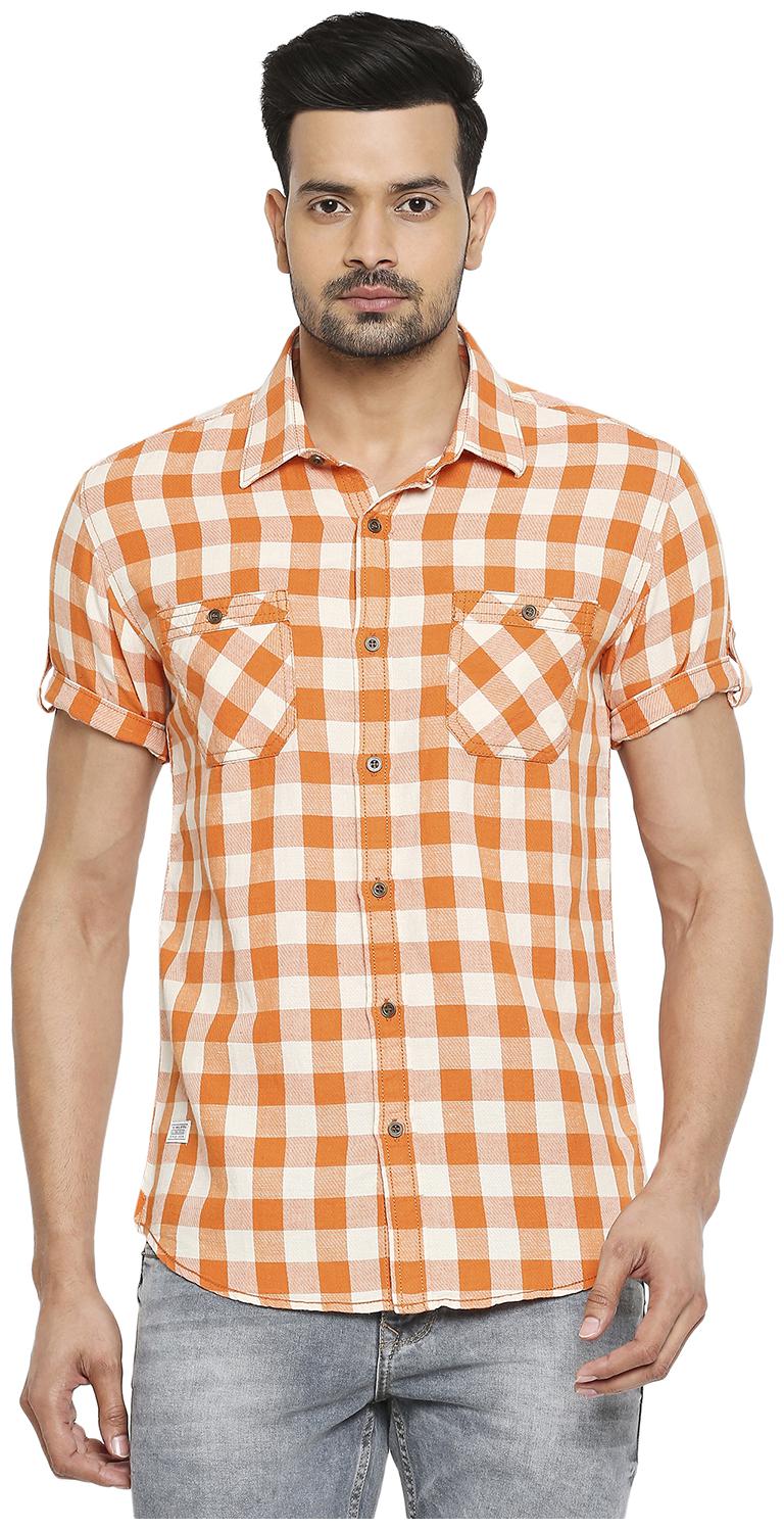 

Mufti Men Orange Checked Slim Fit Casual Shirt