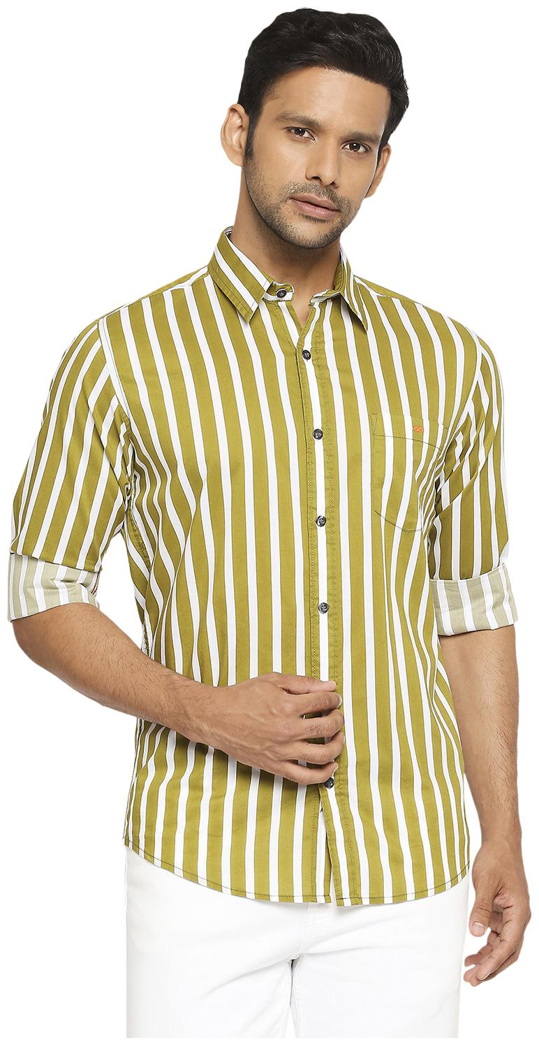 

Mufti Cotton Vertical Stripes Olive Color Casual Shirt For Men
