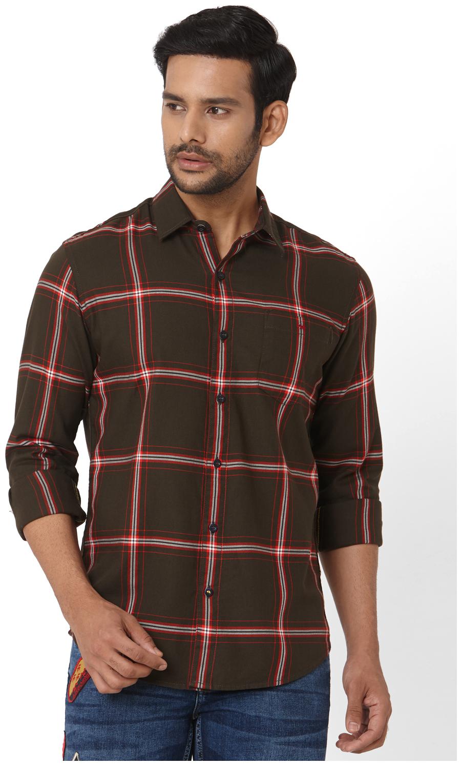 

Mufti Cotton Checked Olive Color Casual Shirt For Men