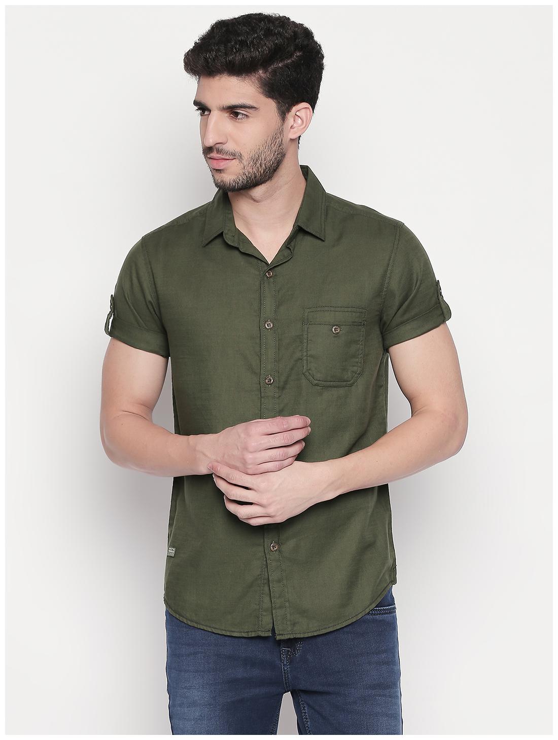 

Mufti Cotton Solid Olive Color Casual Shirt For Men