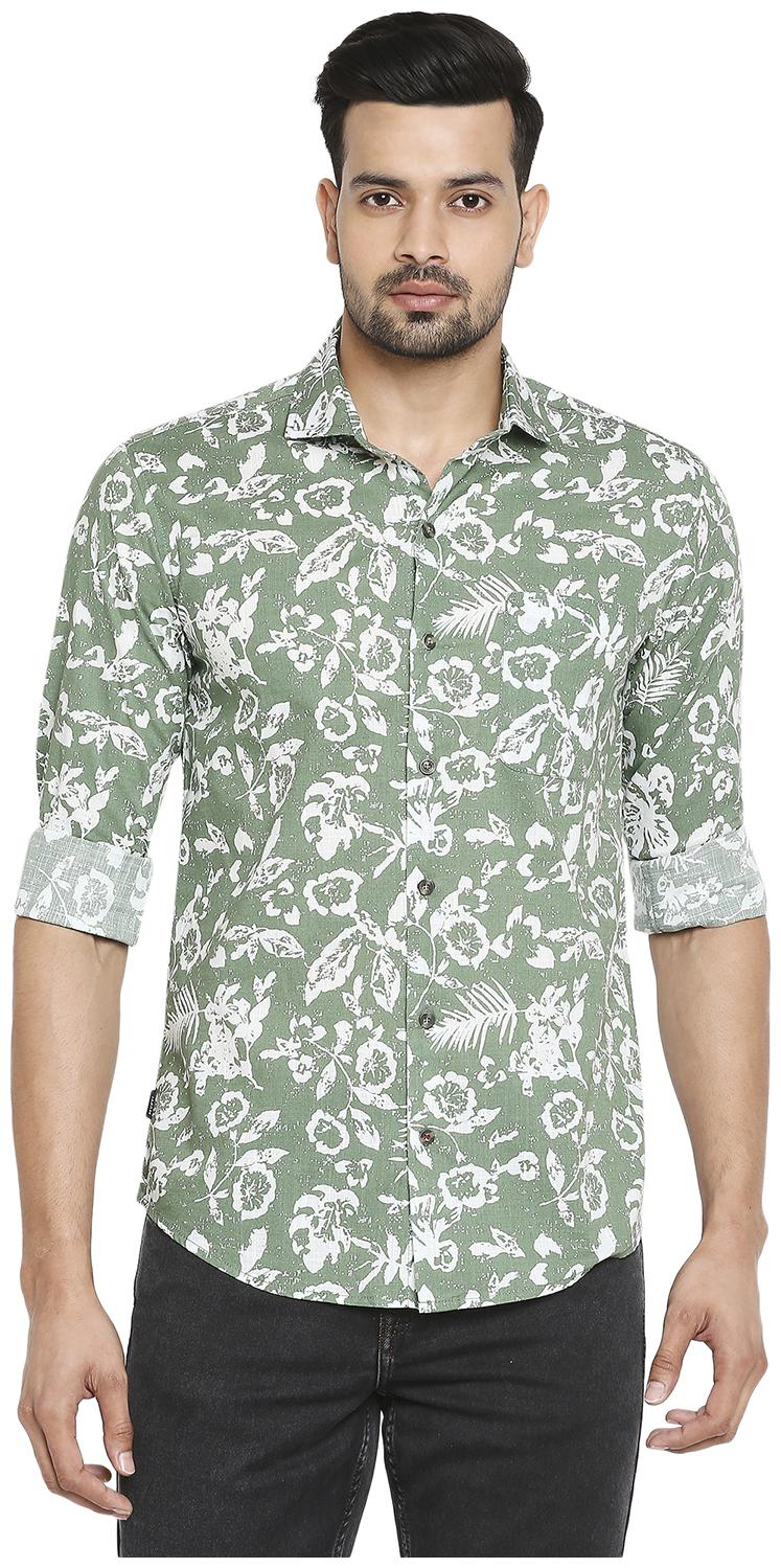 

Mufti Cotton Floral Olive Color Casual Shirt For Men