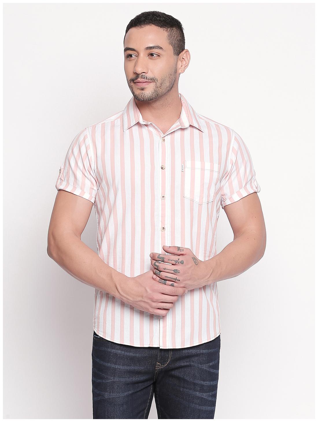 

Mufti Cotton Striped White Peach Color Casual Shirt For Men