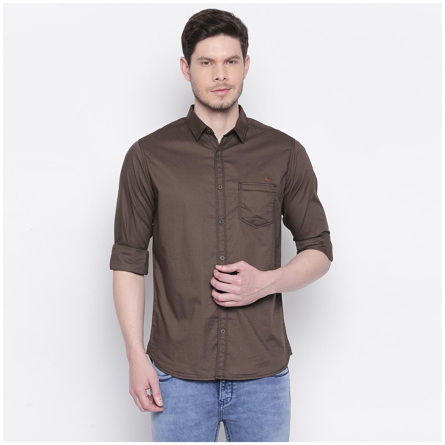 

Mufti Cotton Solid Olive Color Casual Shirt For Men