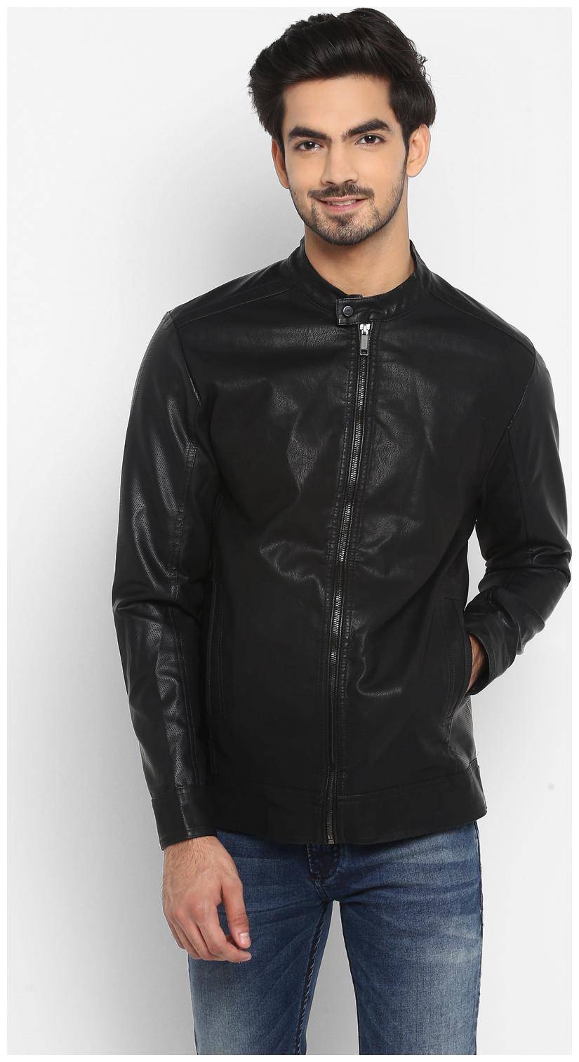 

Mufti Men Black Solid Biker jacket