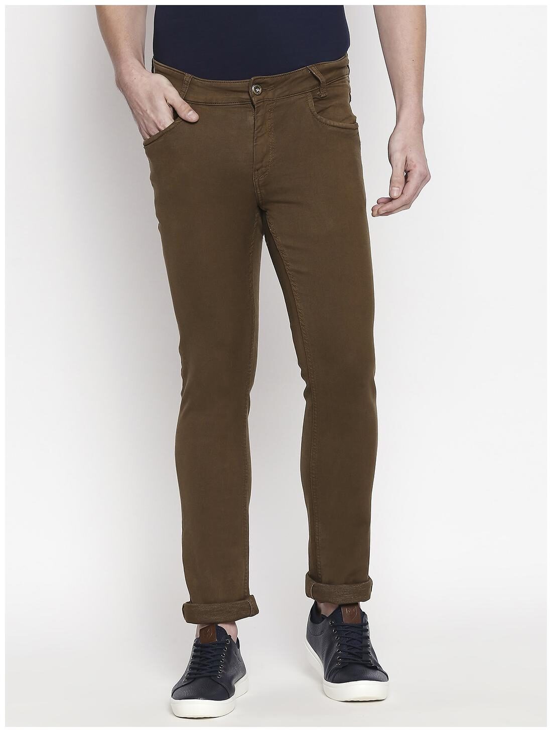 

Mufti Men Brown Solid Slim fit Regular trousers