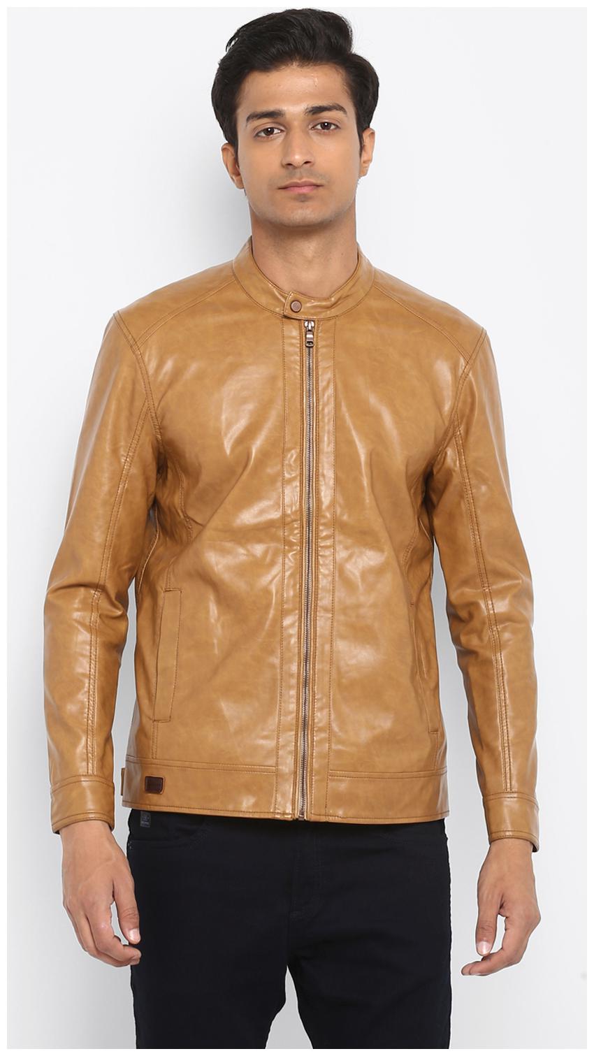 

Mufti Men Brown Solid Biker jacket