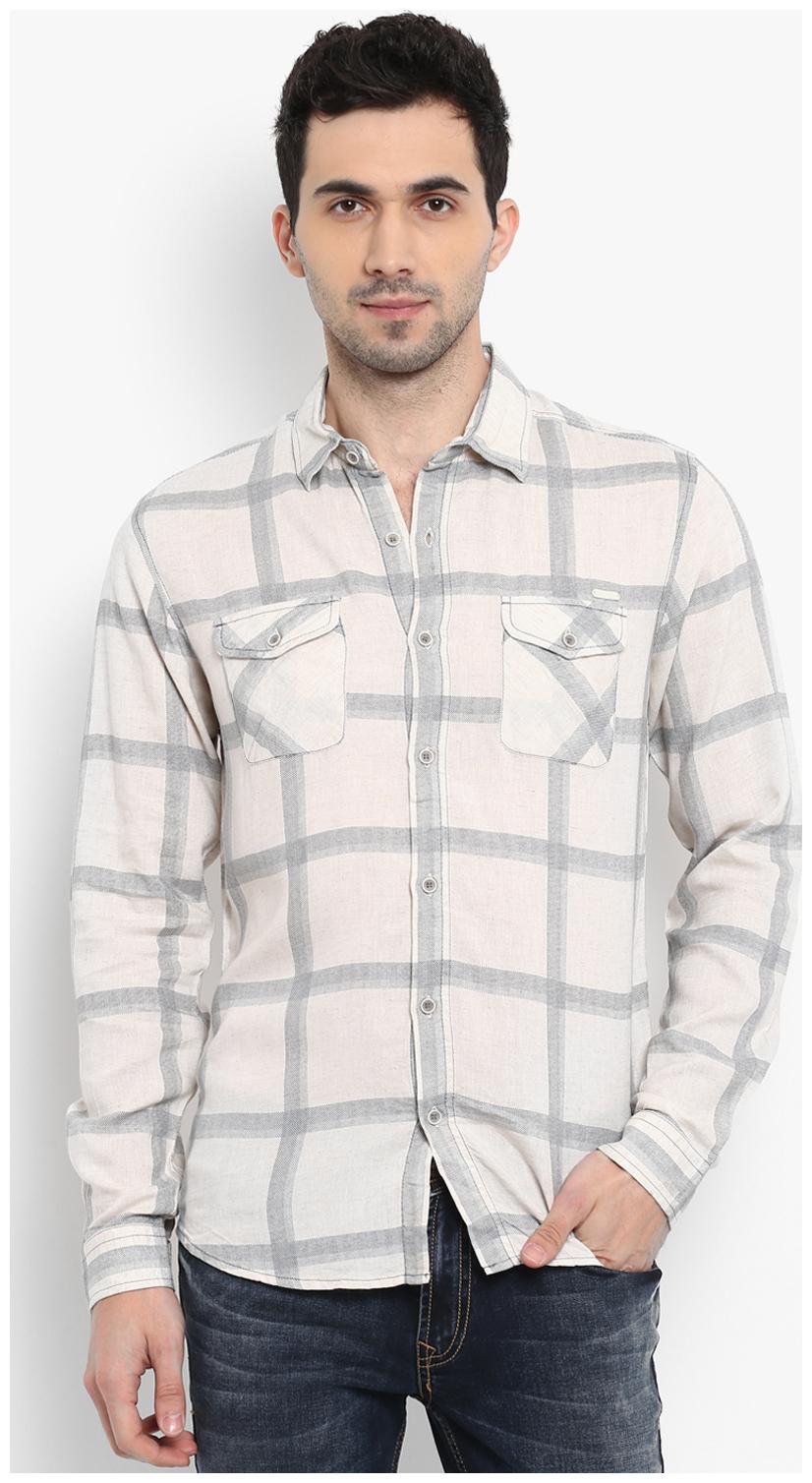 

Mufti Men Cream Grey Checked Slim Fit Casual Shirt