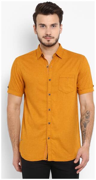 Mufti Men Yellow Solid Slim Fit Casual Shirt