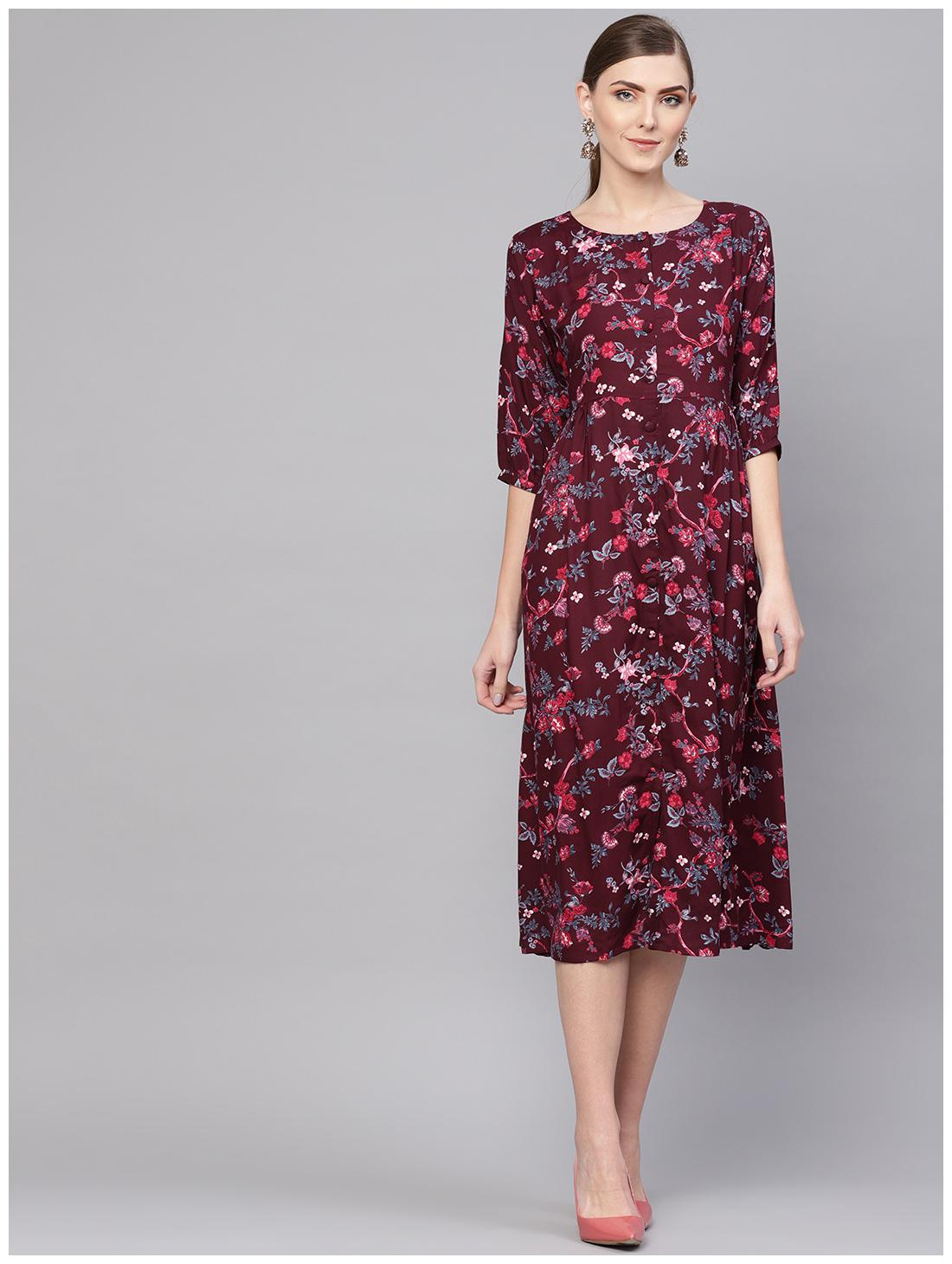 

Multi Rayon Printed Fit And Flared Maxi Dress
