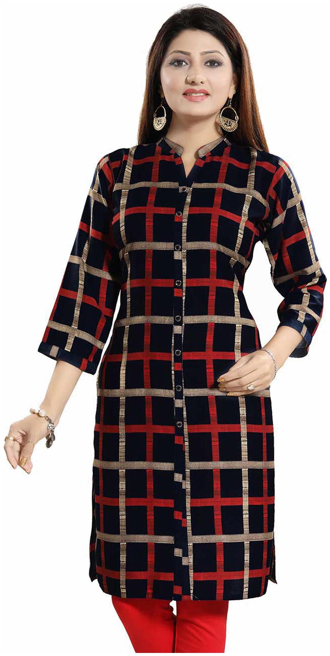 

Multicolored Checkered Crepe 3 4th Sleeves Knee Length Kurti