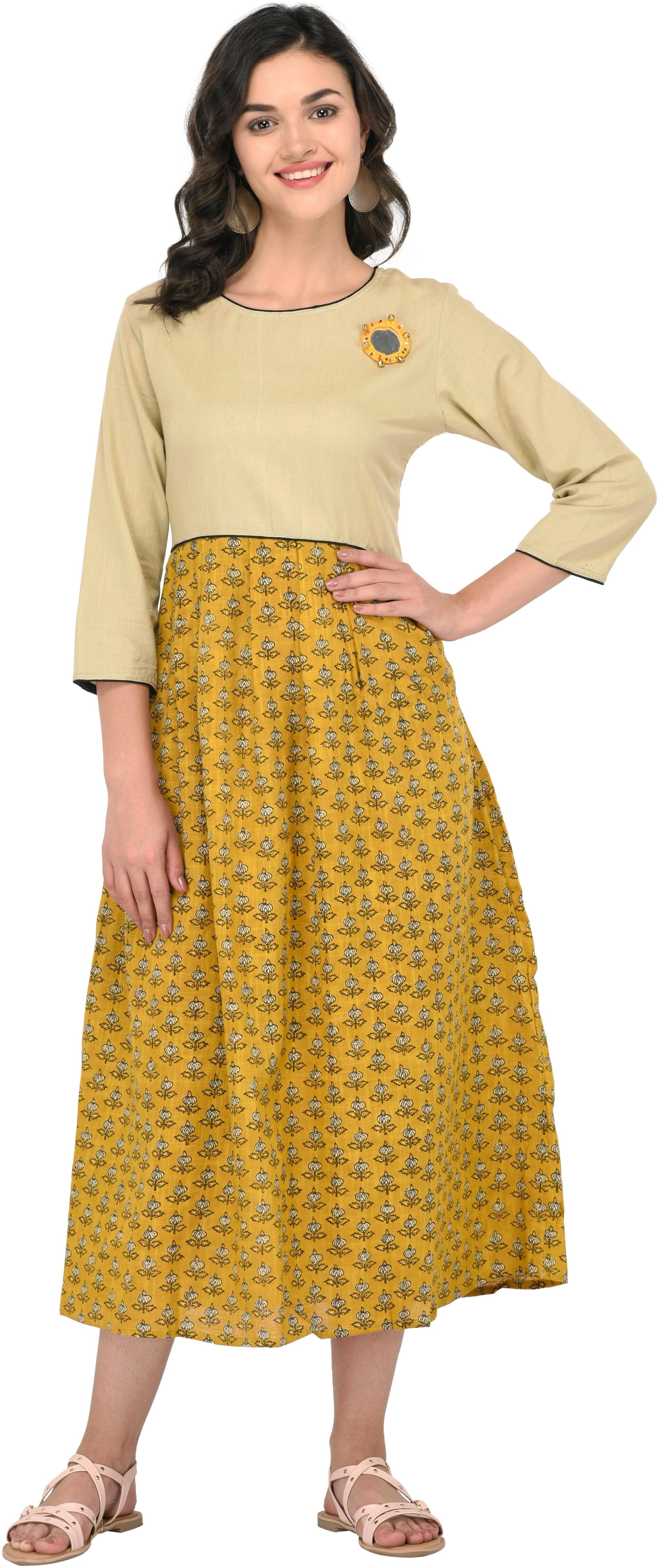 

Mustard Colored Printed Cotton Flared Kurta Made By God Bless