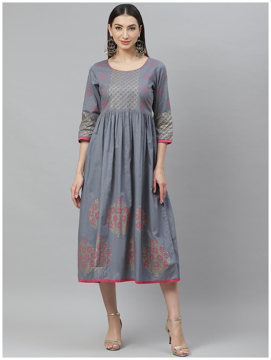 

Myshka Cotton Floral Grey Color A Line Dress
