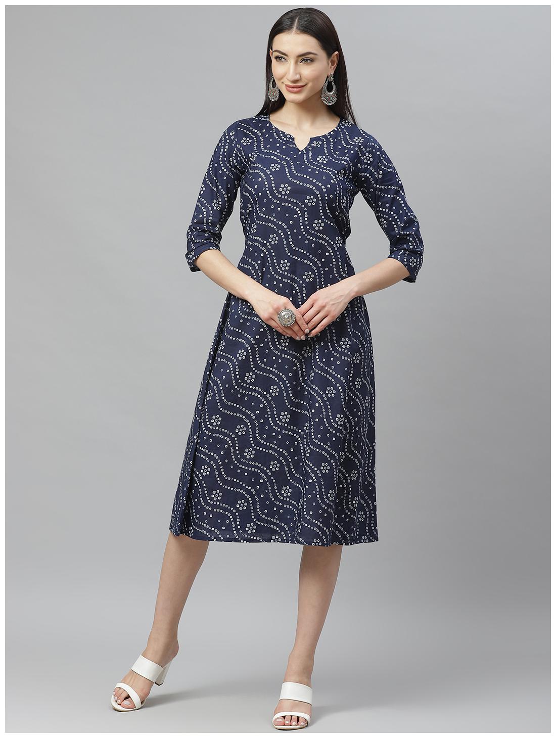 

Myshka Cotton Bandhani Blue Color A Line Dress