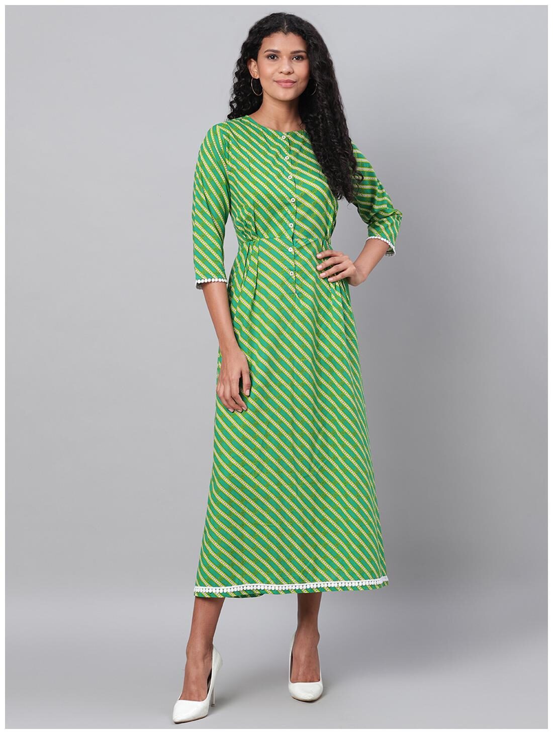 

Myshka Cotton Green Striped A Line Dress For Women