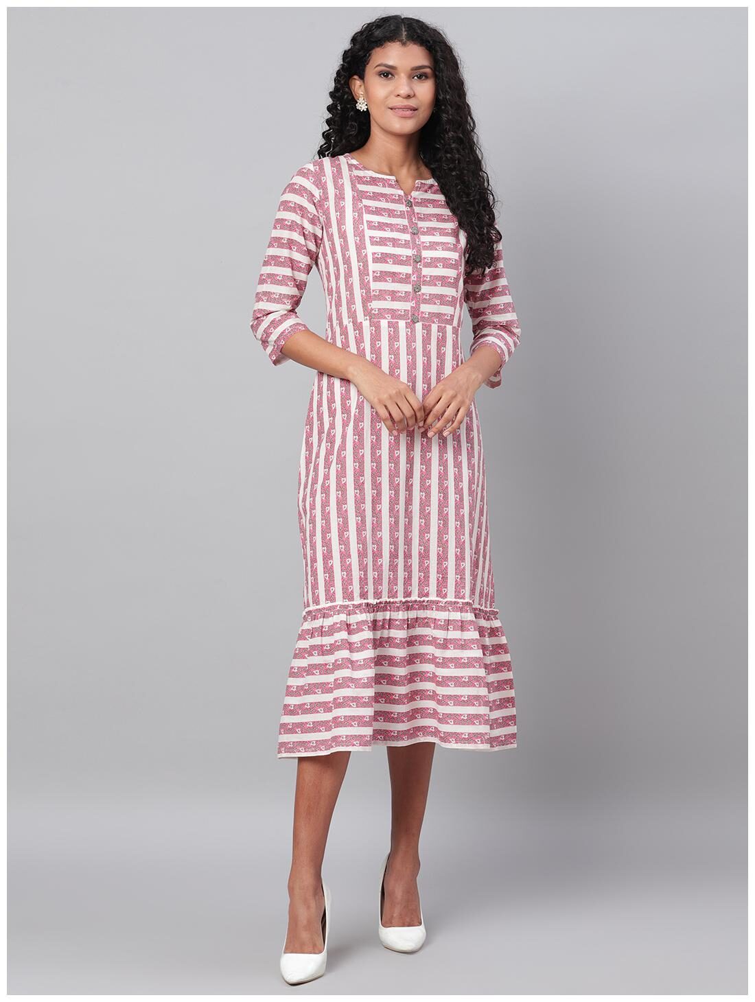 

Myshka Cotton Pink Striped A Line Dress For Women