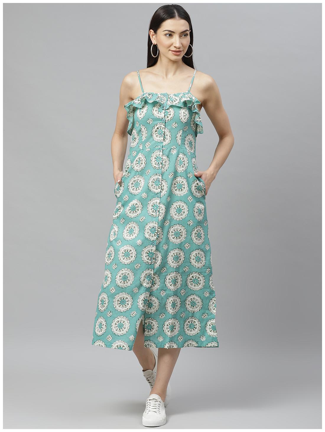 

Myshka Cotton Floral Blue Color A Line Dress