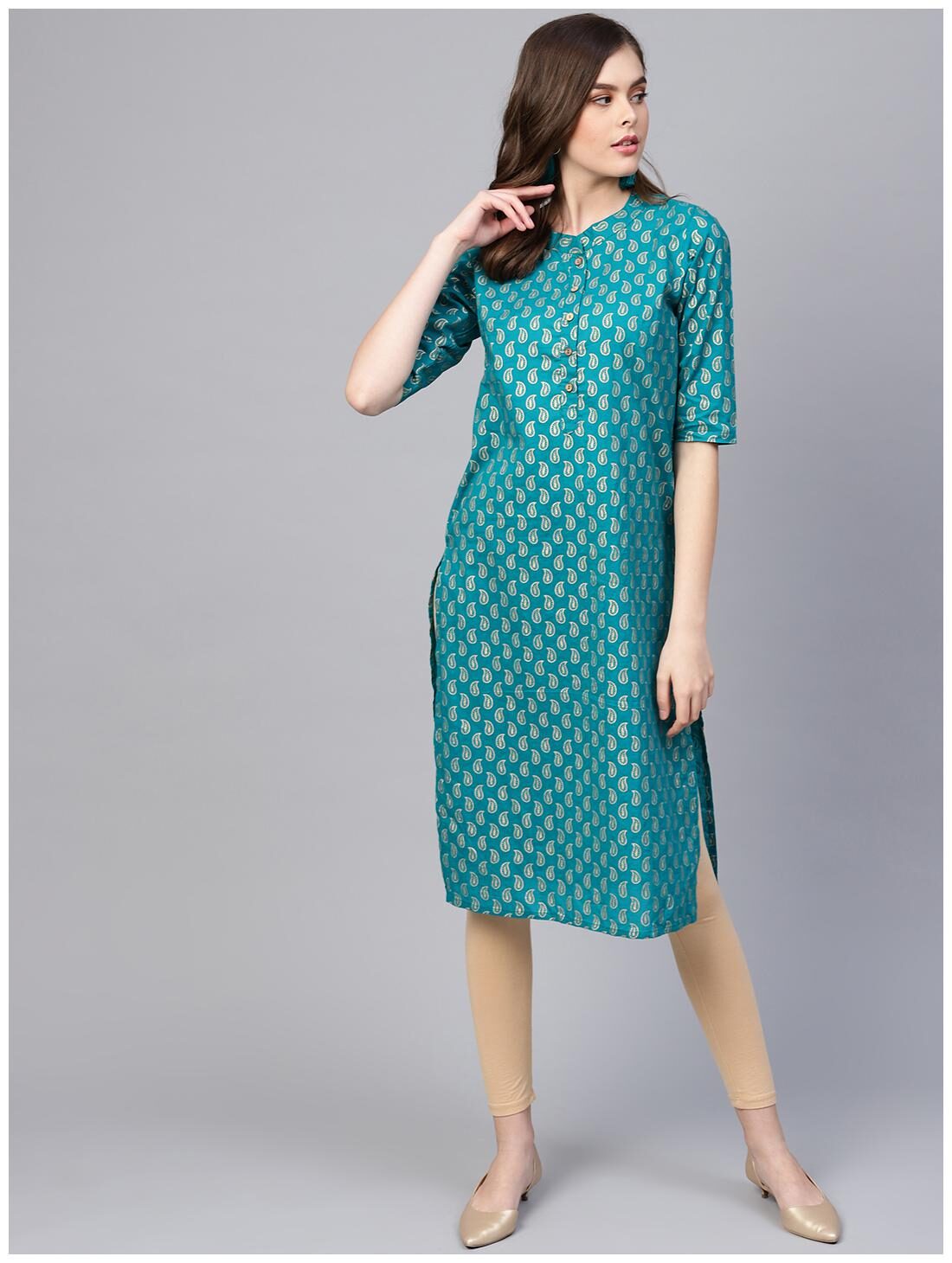 

Myshka Women Green Printed Straight Kurta