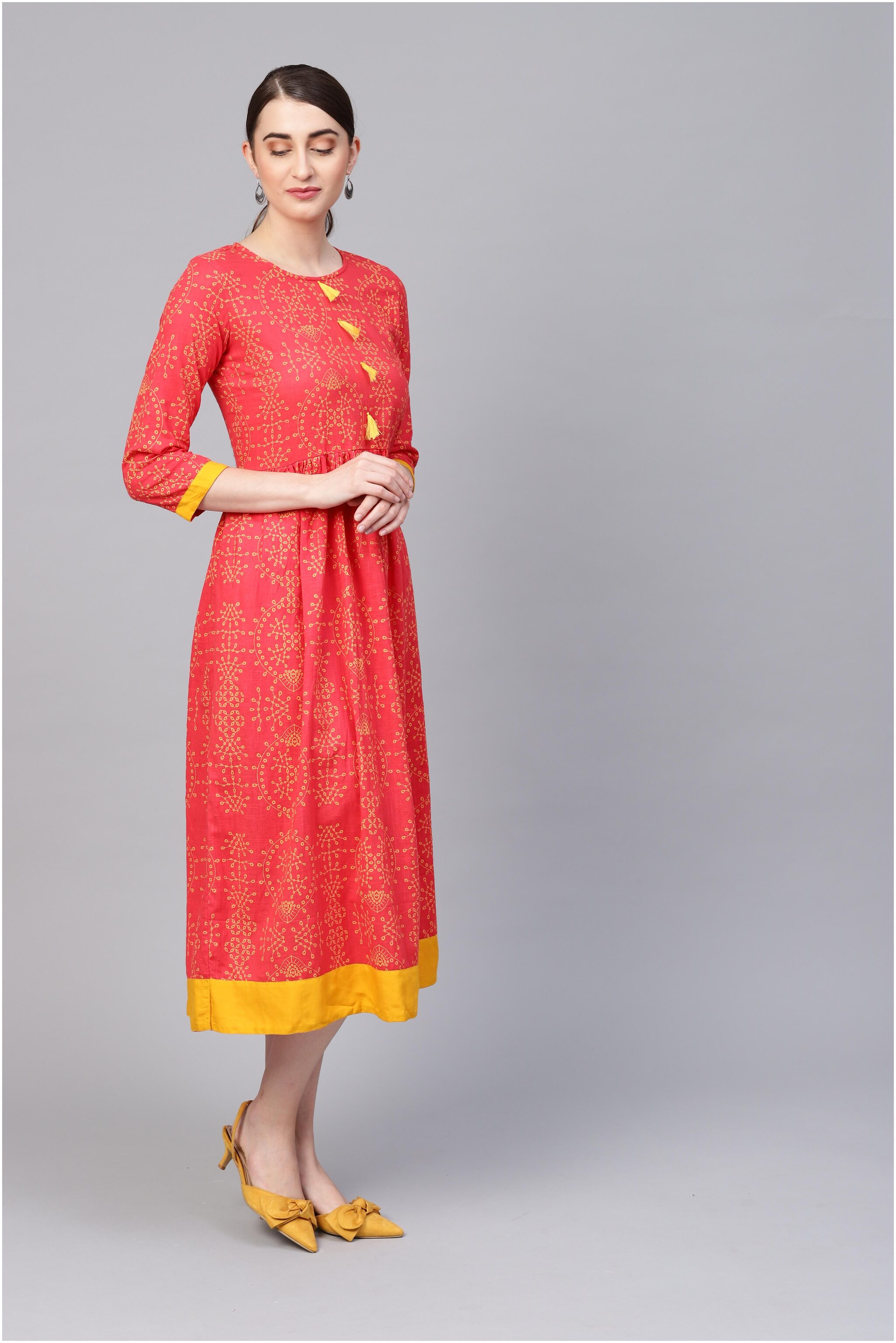 

Myshka Orange Printed Fit flare dress