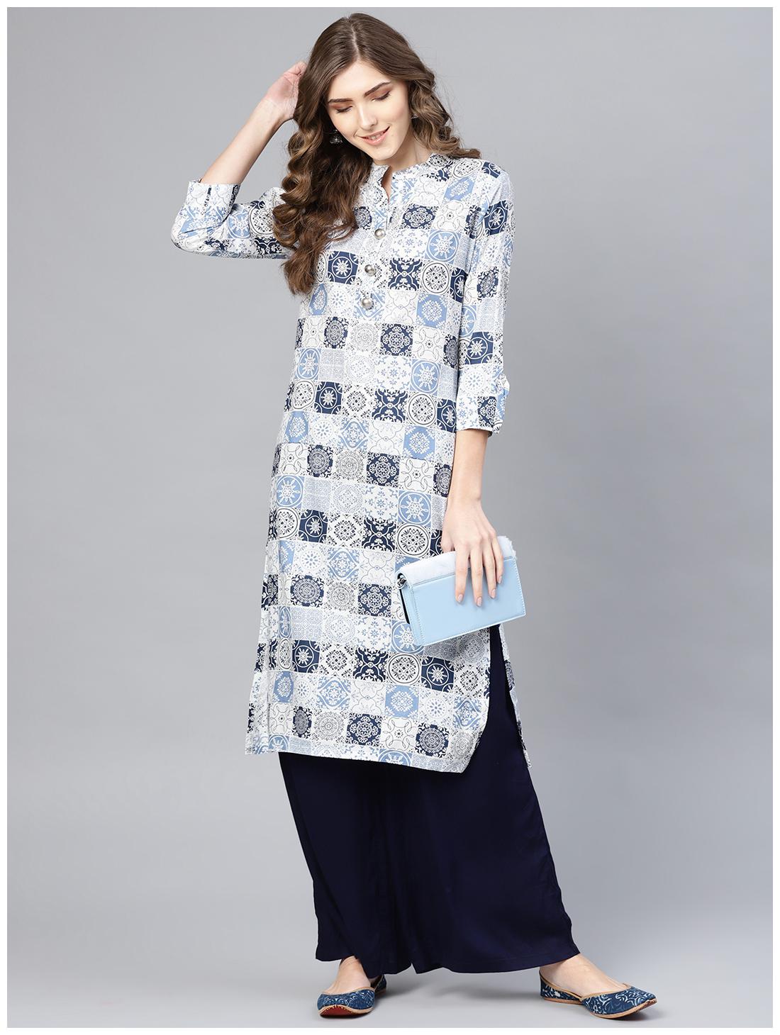 

Myshka Women Blue Printed Straight Kurta