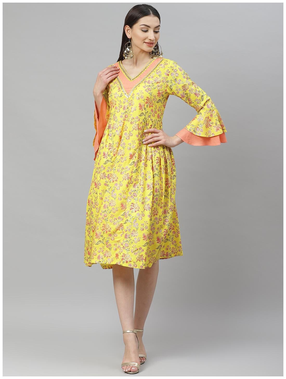

Myshka Cotton Floral Yellow Color A Line Dress