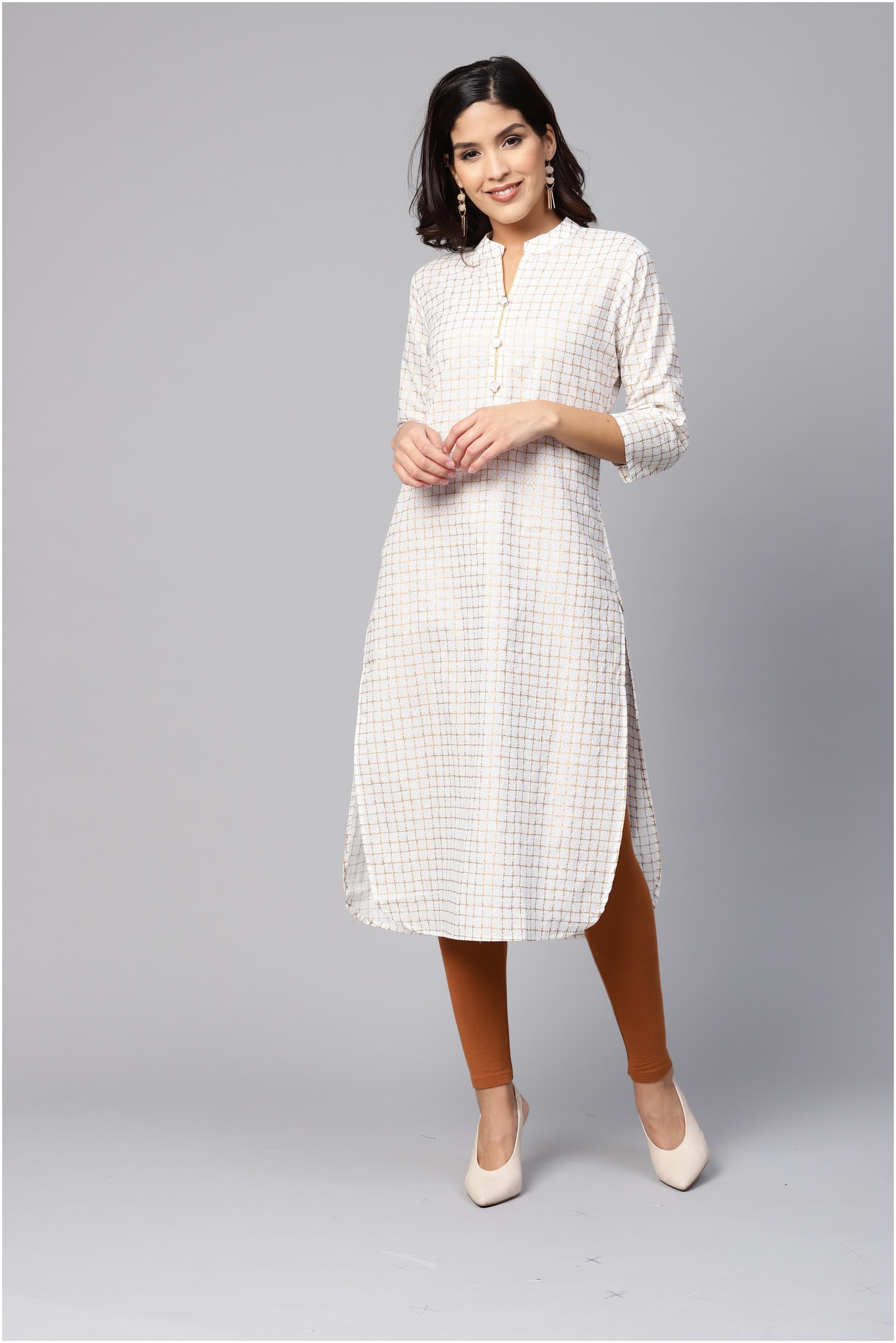 

Myshka Women White Checkered Straight Kurta
