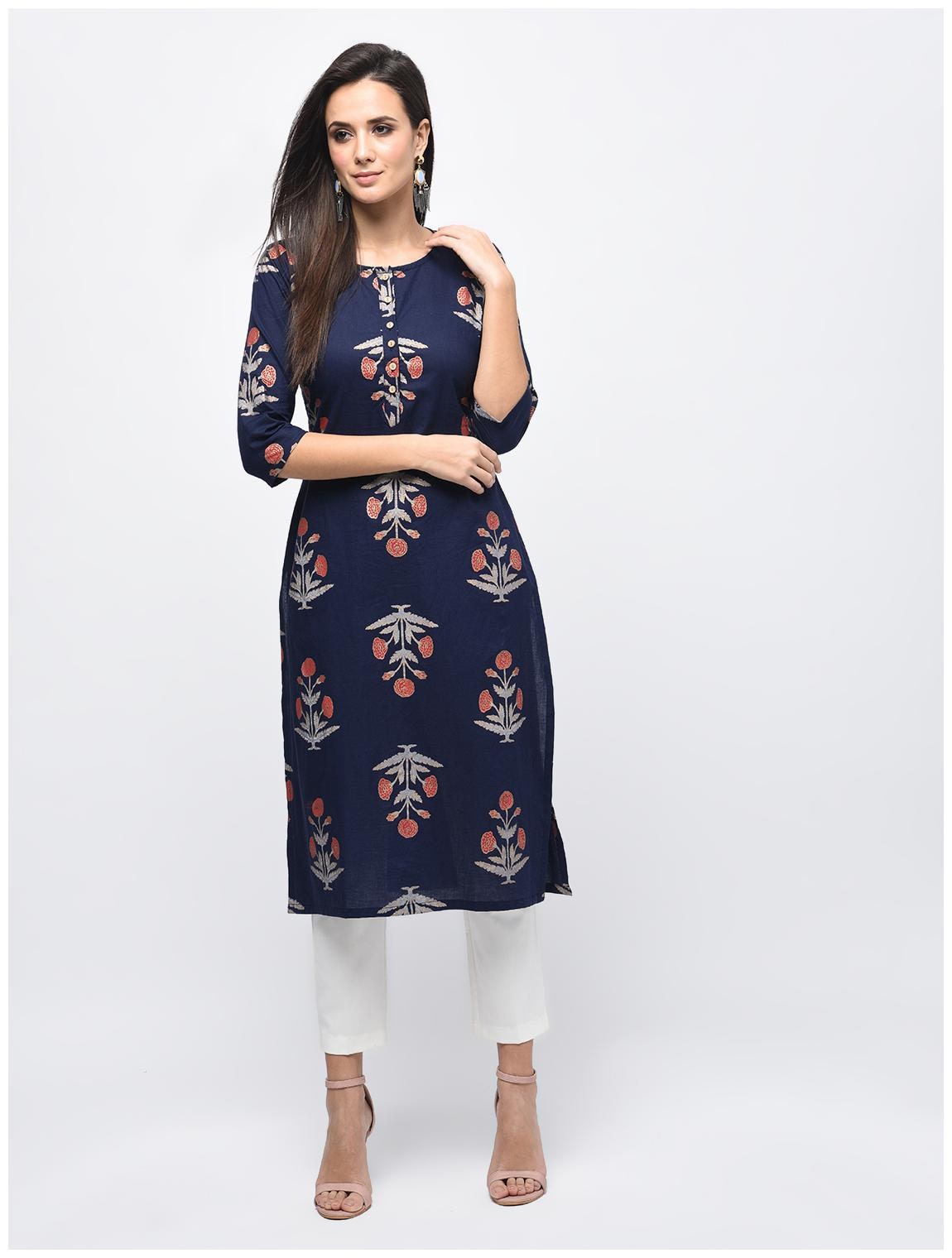 

Myshka Women Navy Blue Floral Straight Kurta