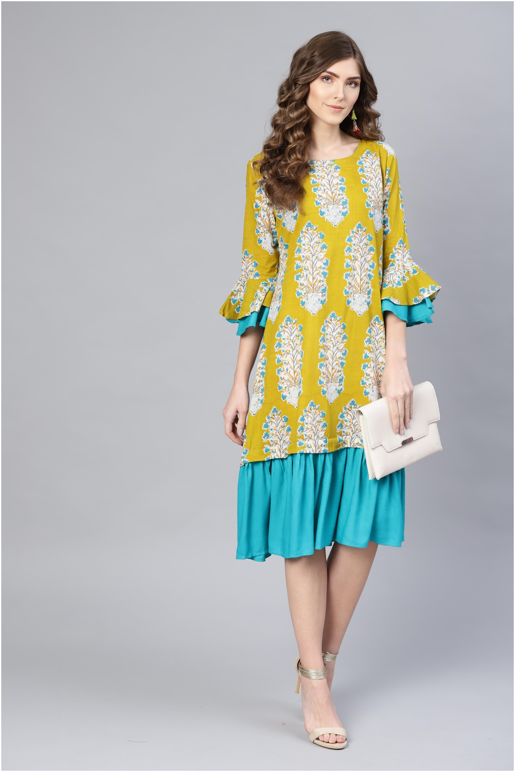 

Myshka Yellow Printed Fit flare dress