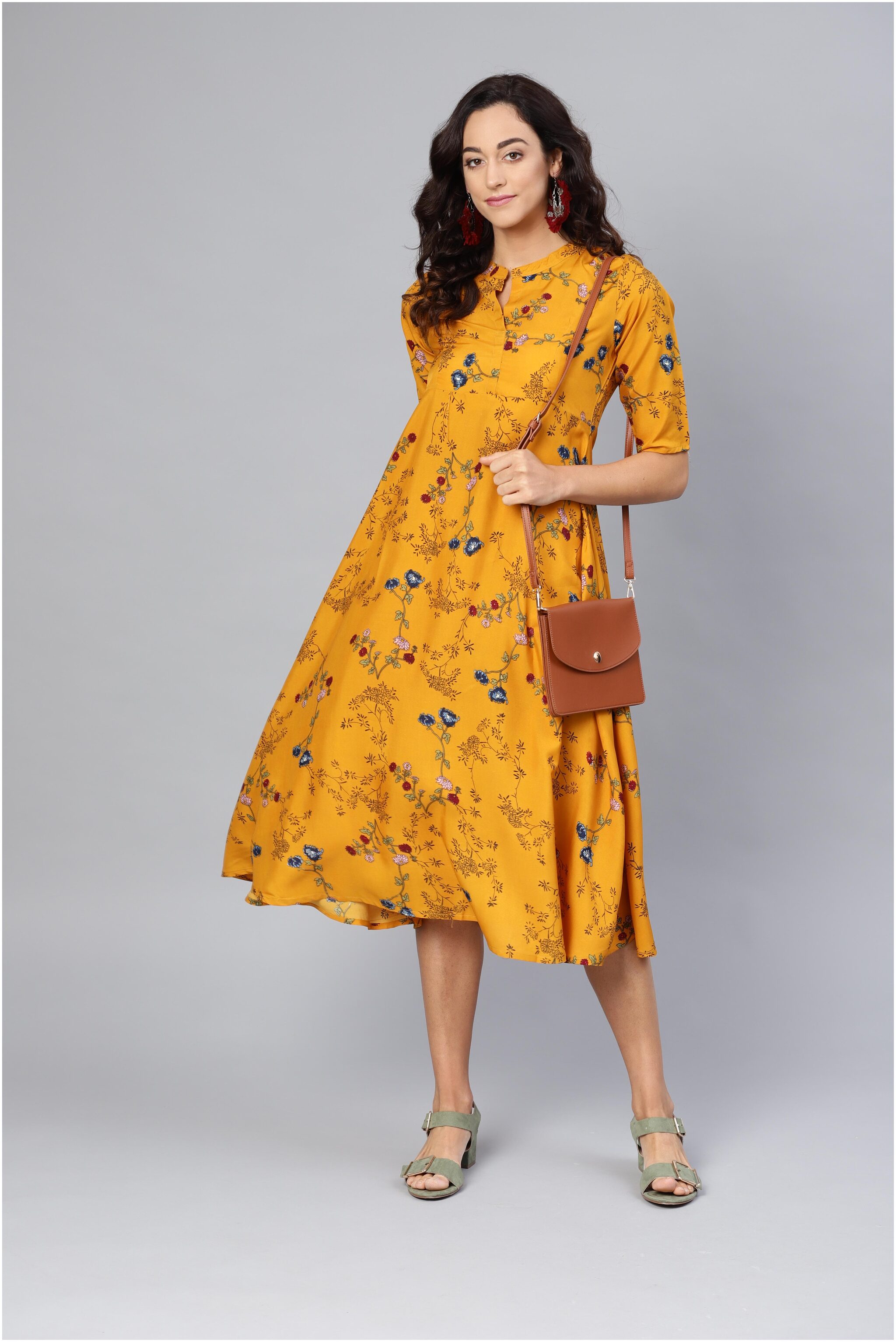 

Myshka Yellow Printed Fit flare dress