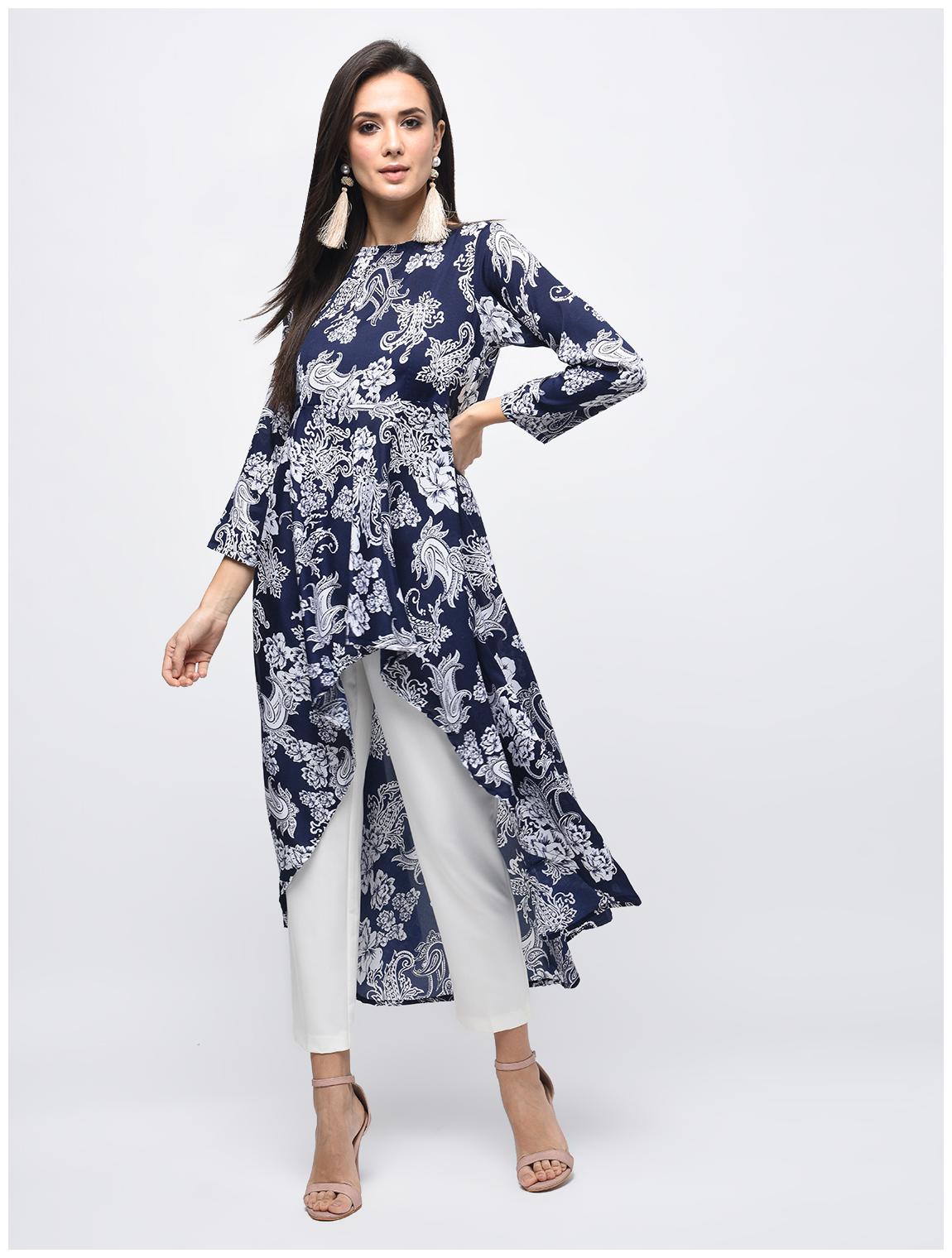 

Myshka Polyester Printed Women Blue Kurta