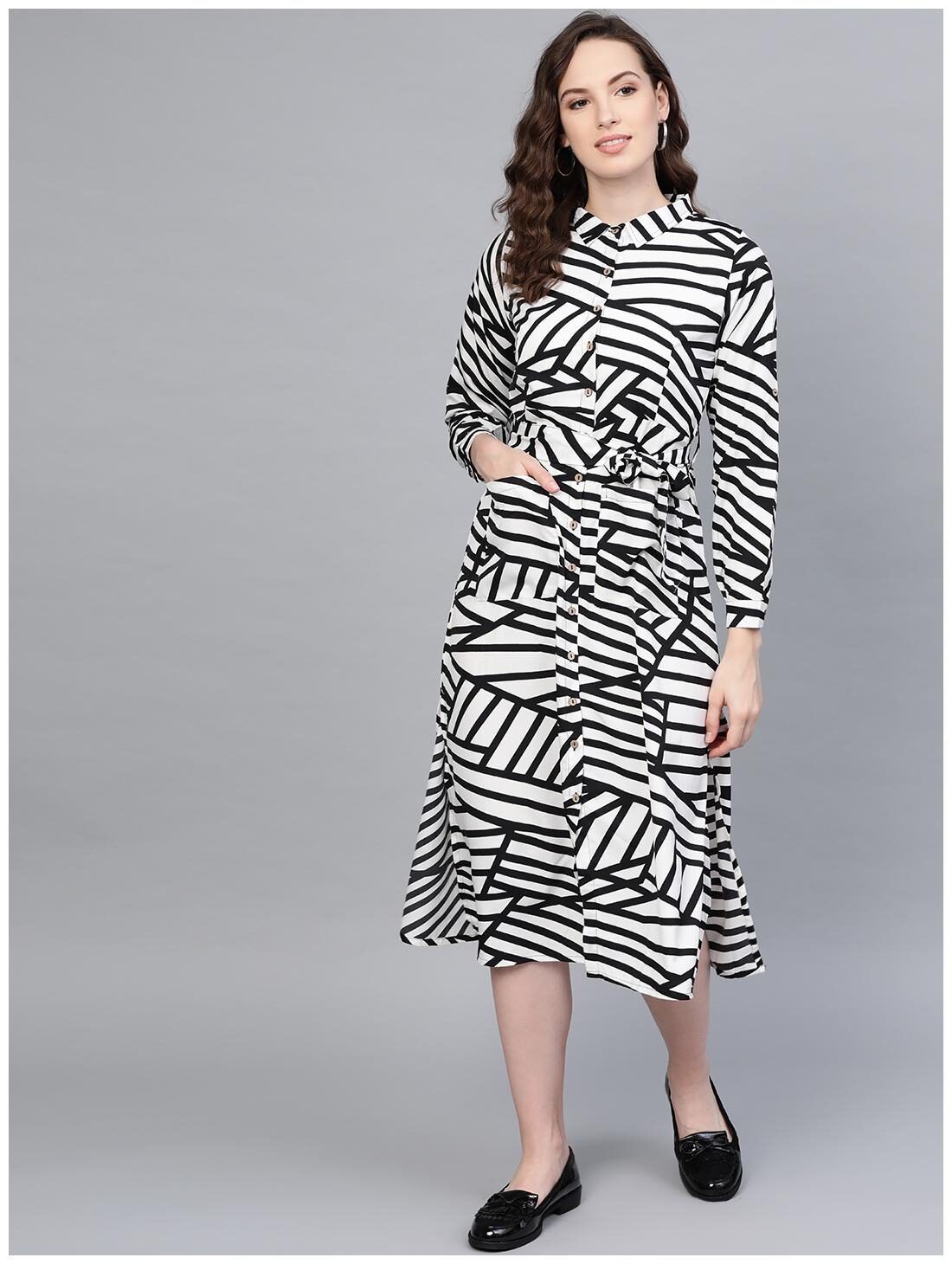 

Myshka Polyester Black White Printed A Line Dress For Women