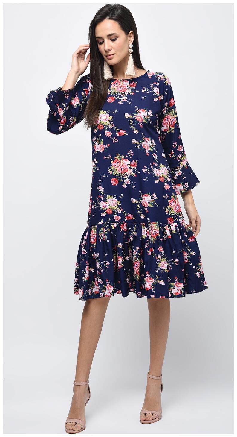 

Myshka Blue Printed A-line dress