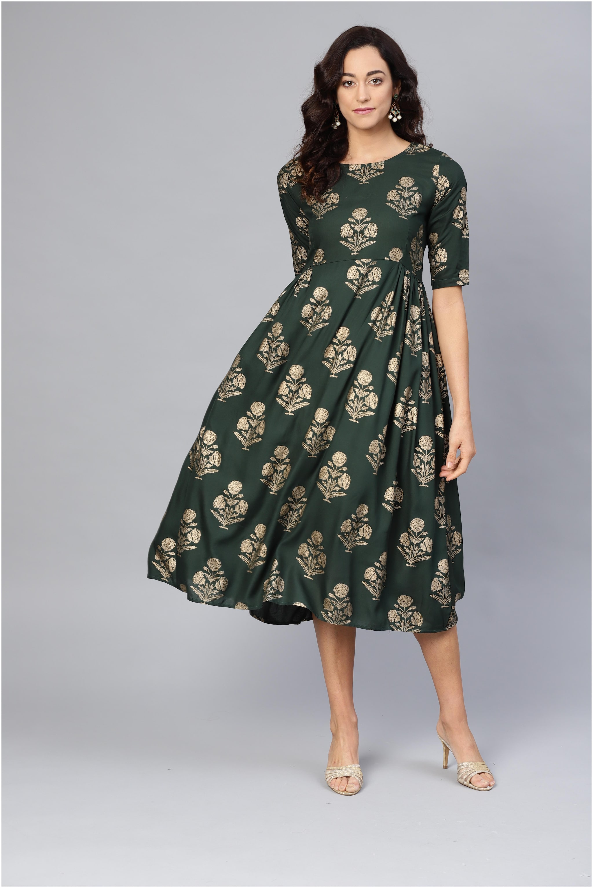 

Myshka Green Floral Fit flare dress