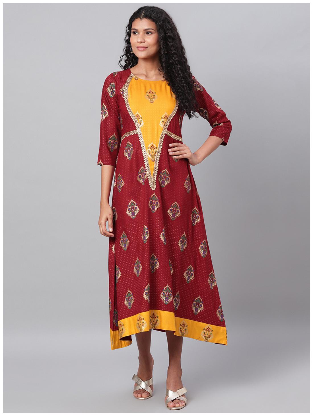 

Myshka Viscose Rayon Maroon Printed A Line Dress For Women